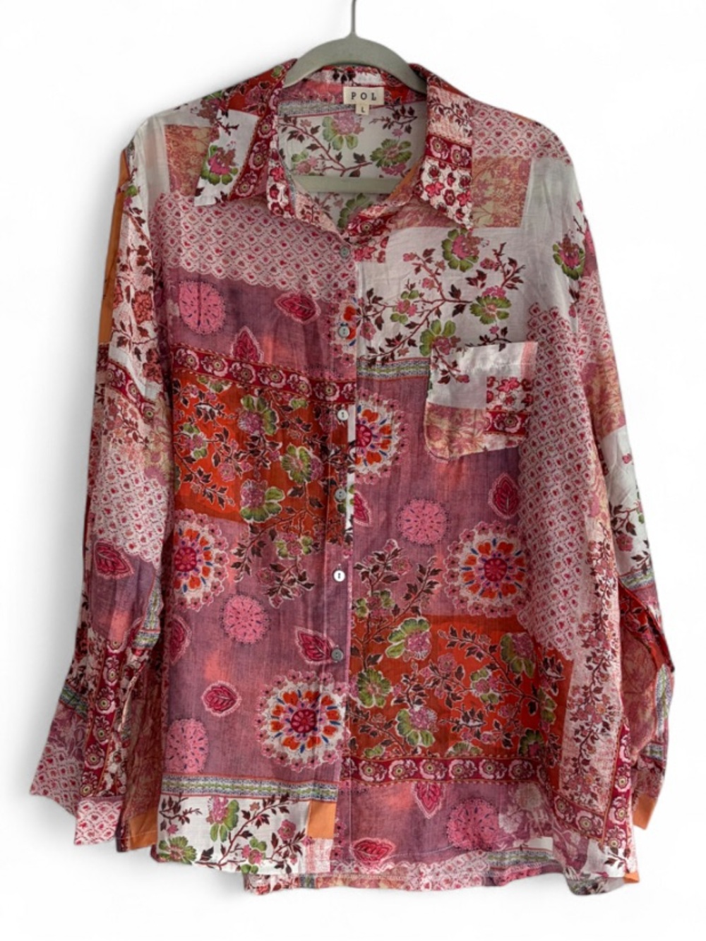 POL Pink Floral Patchwork Print Long Sleeve Button Down Shirt Size L